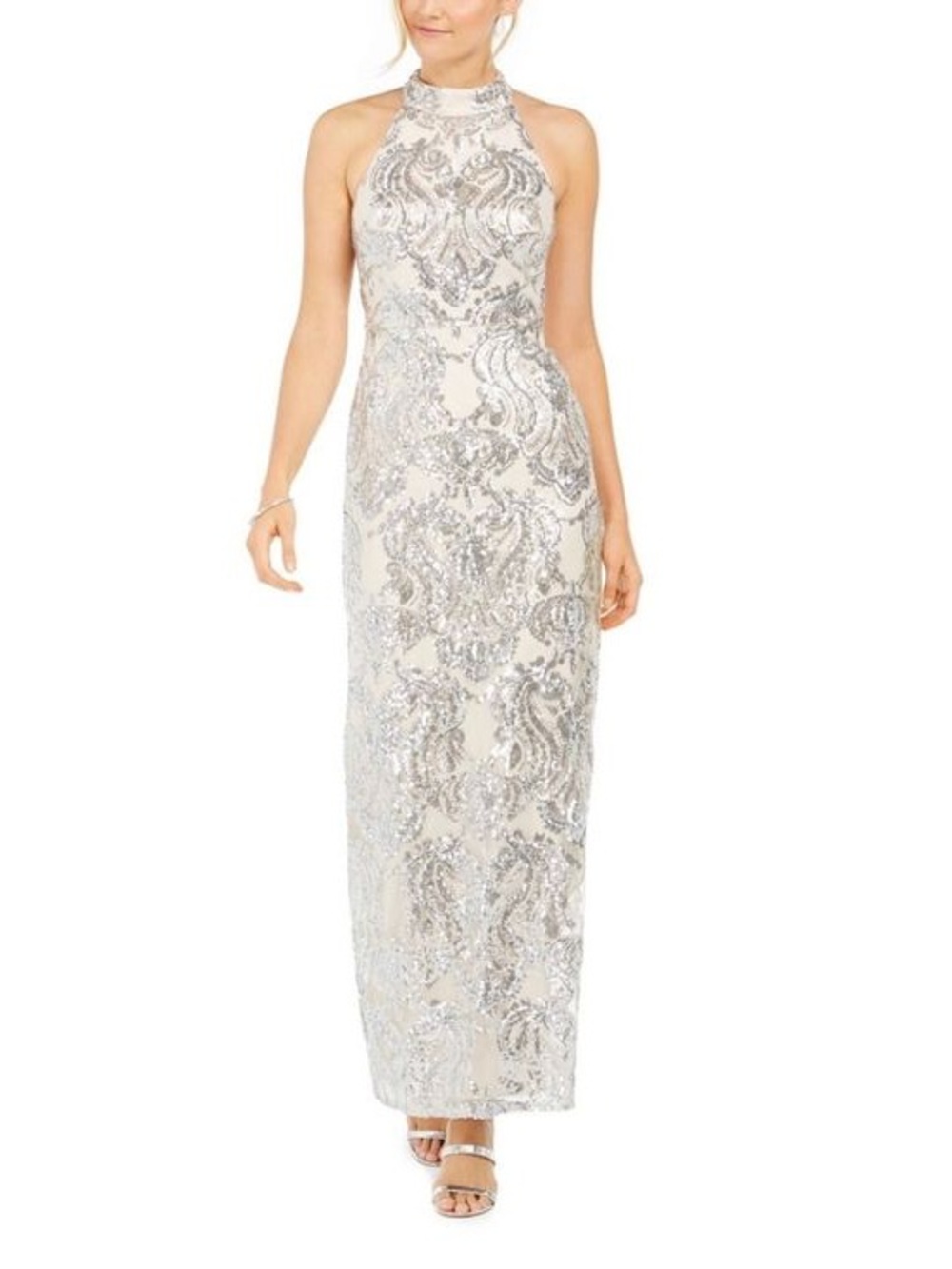 Vince Camuto Champagne-Beige Sequin Halter Maxi Dress